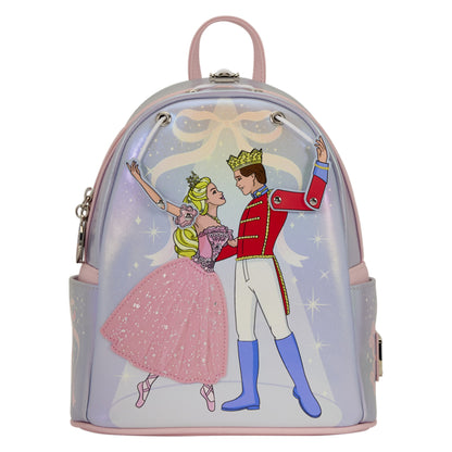 A small backpack with a holographic lavender body featuring a printed illustration of a princess in a pink gown and a prince in a red military uniform, with pink trim and silver zippers.