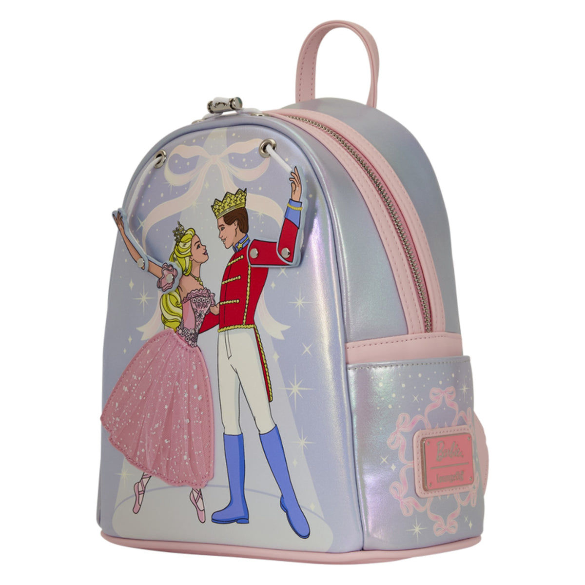 A small metallic holographic backpack featuring a printed illustration of Cinderella and Prince Charming on the front, with pink trim, a top handle, and a zippered main compartment.