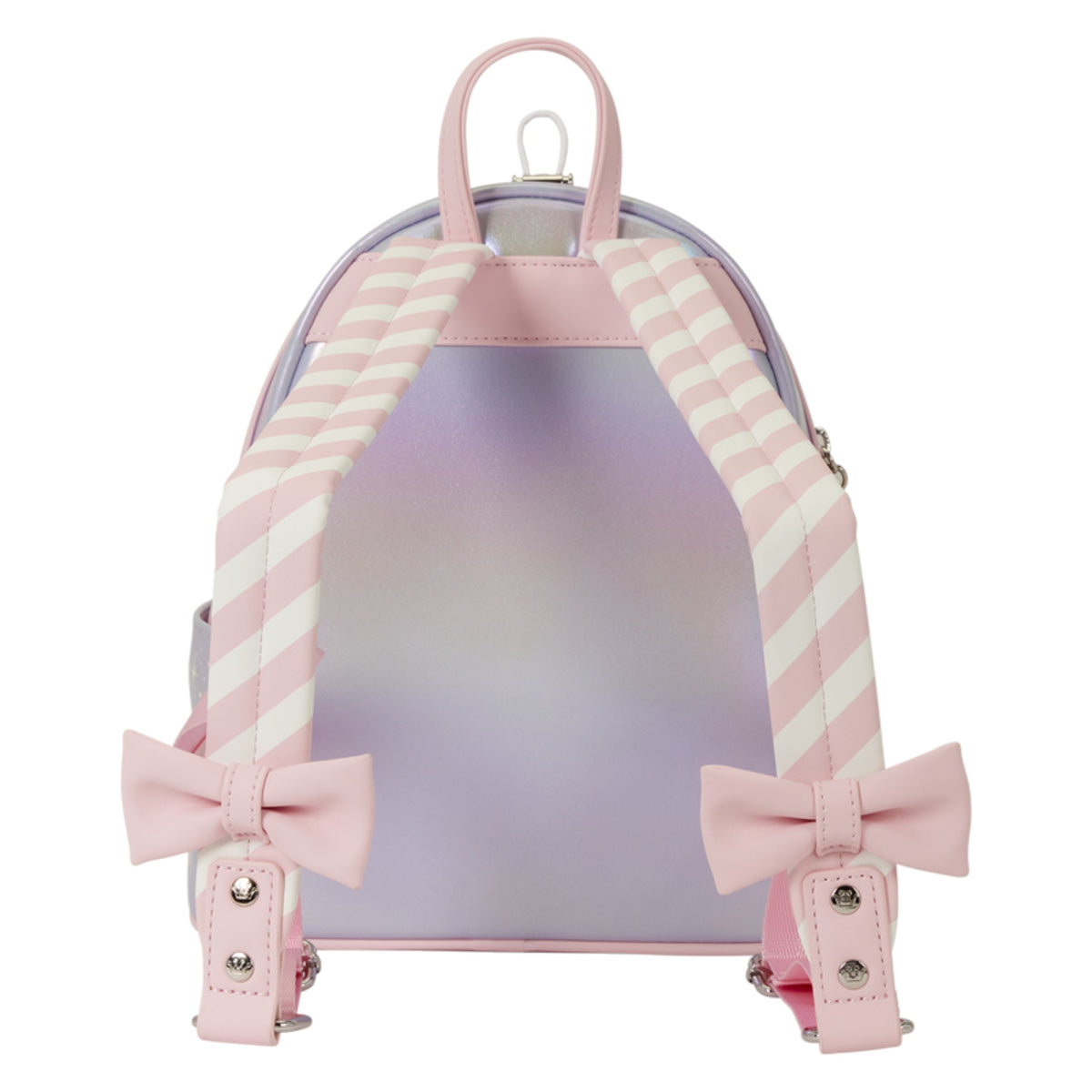 A pastel pink and lavender mini backpack with diagonal striped shoulder straps, pink bow details, and a smooth iridescent finish, shown against a plain white background.