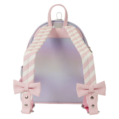 A pastel pink and lavender mini backpack with diagonal striped shoulder straps, pink bow details, and a smooth iridescent finish, shown against a plain white background.