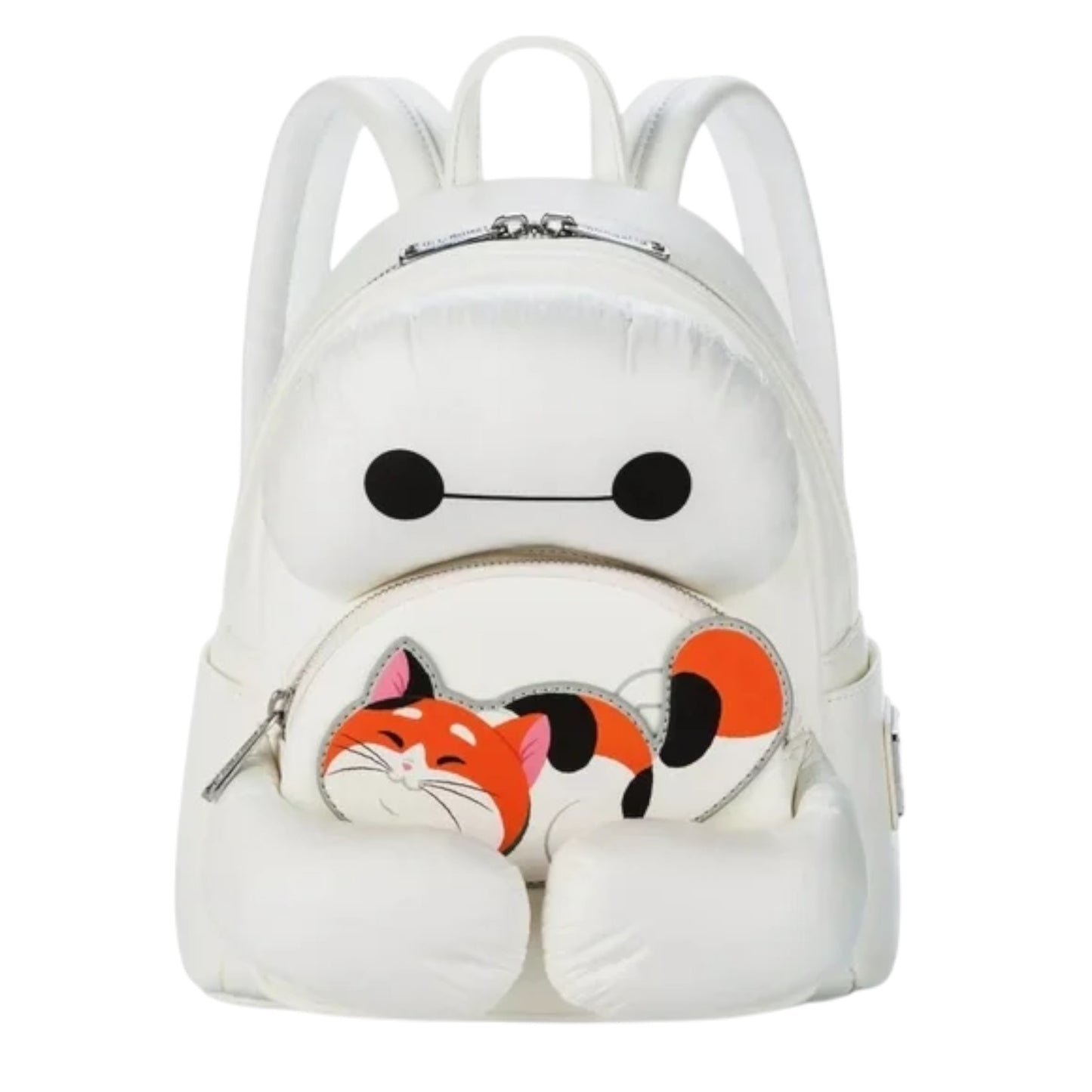 White backpack with Baymax and Mochi character design on a white background