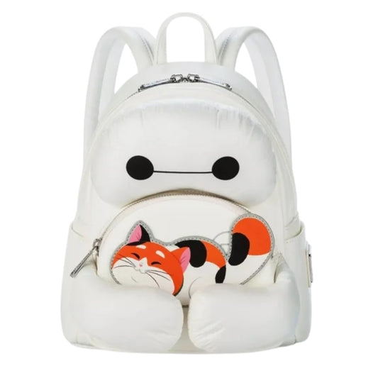 White backpack with Baymax and Mochi character design on a white background