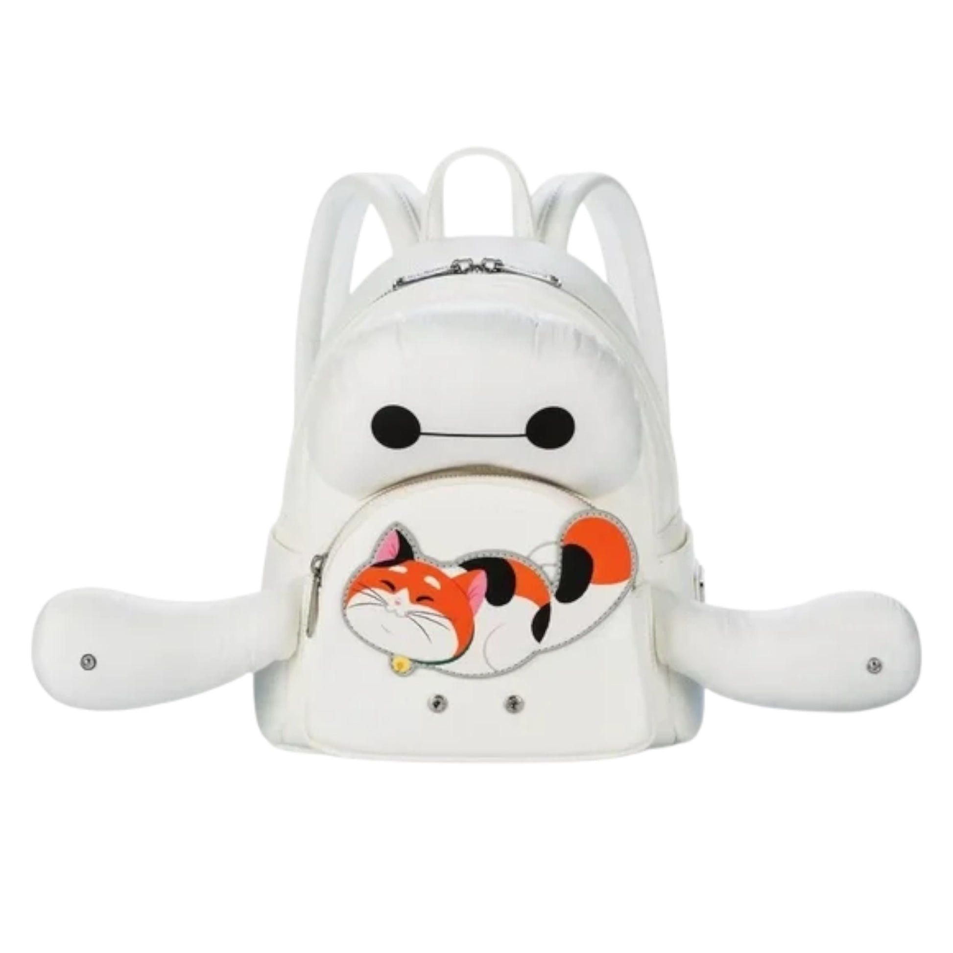 White backpack with Baymax and Mochi  character design on a white background