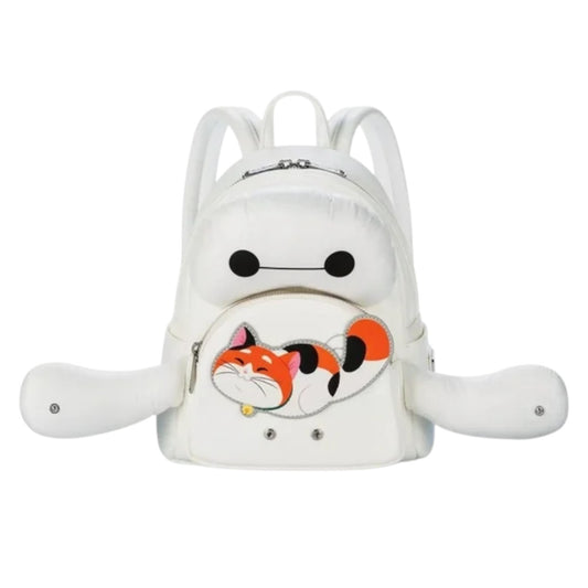 White backpack with Baymax and Mochi  character design on a white background