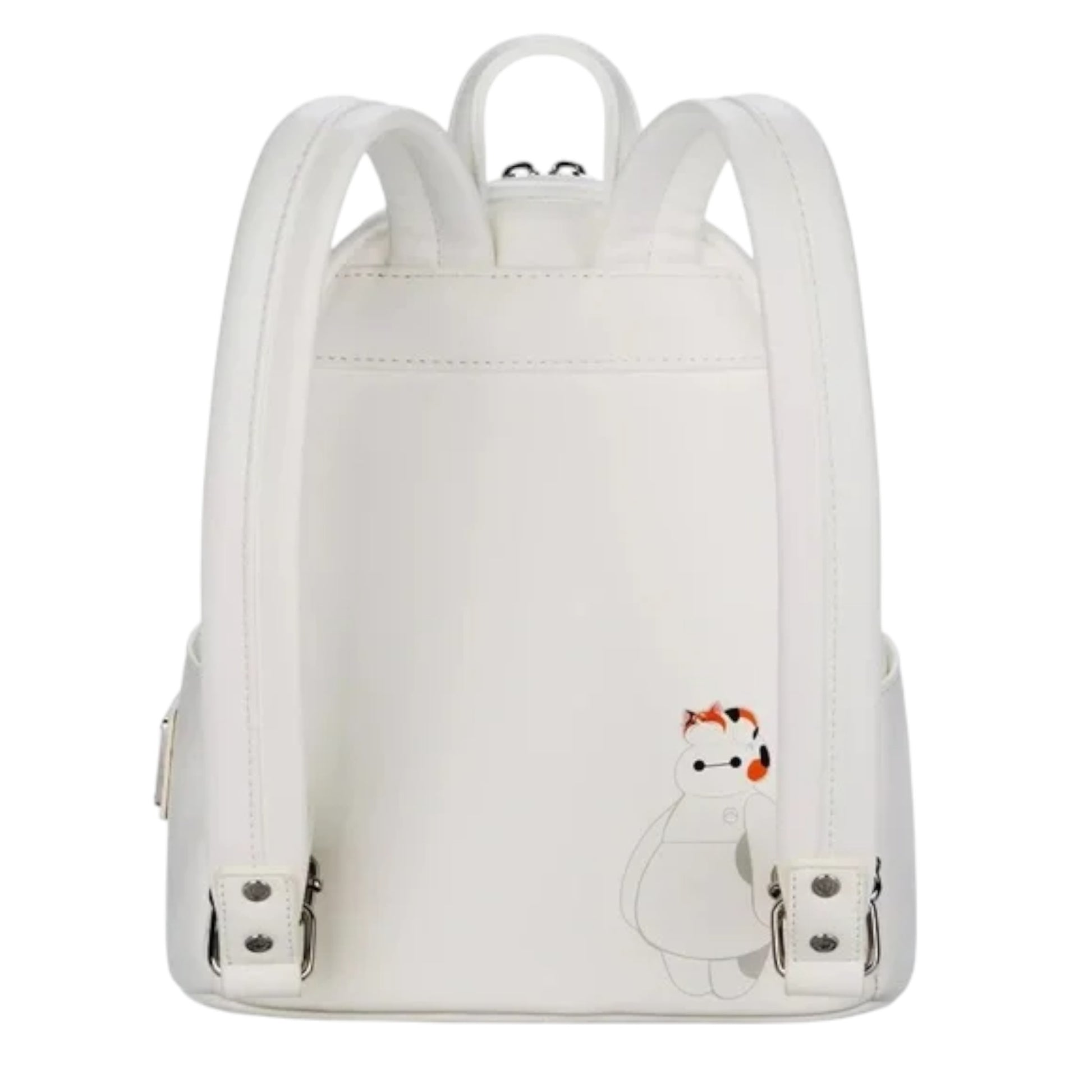White backpack with a small Baymax and Mochi design on a white background