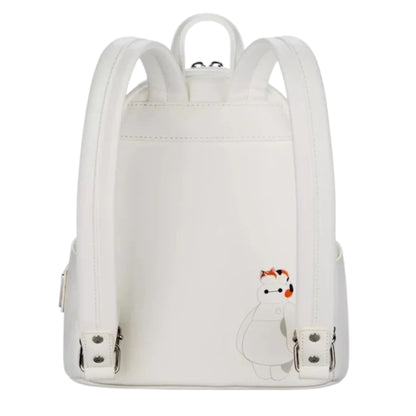 White backpack with a small Baymax and Mochi design on a white background