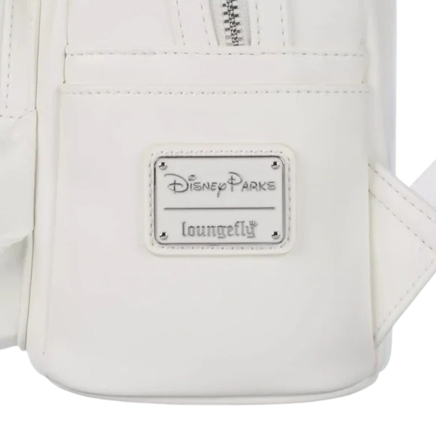 White backpack with Disney Parks and Loungefly logos on a white background