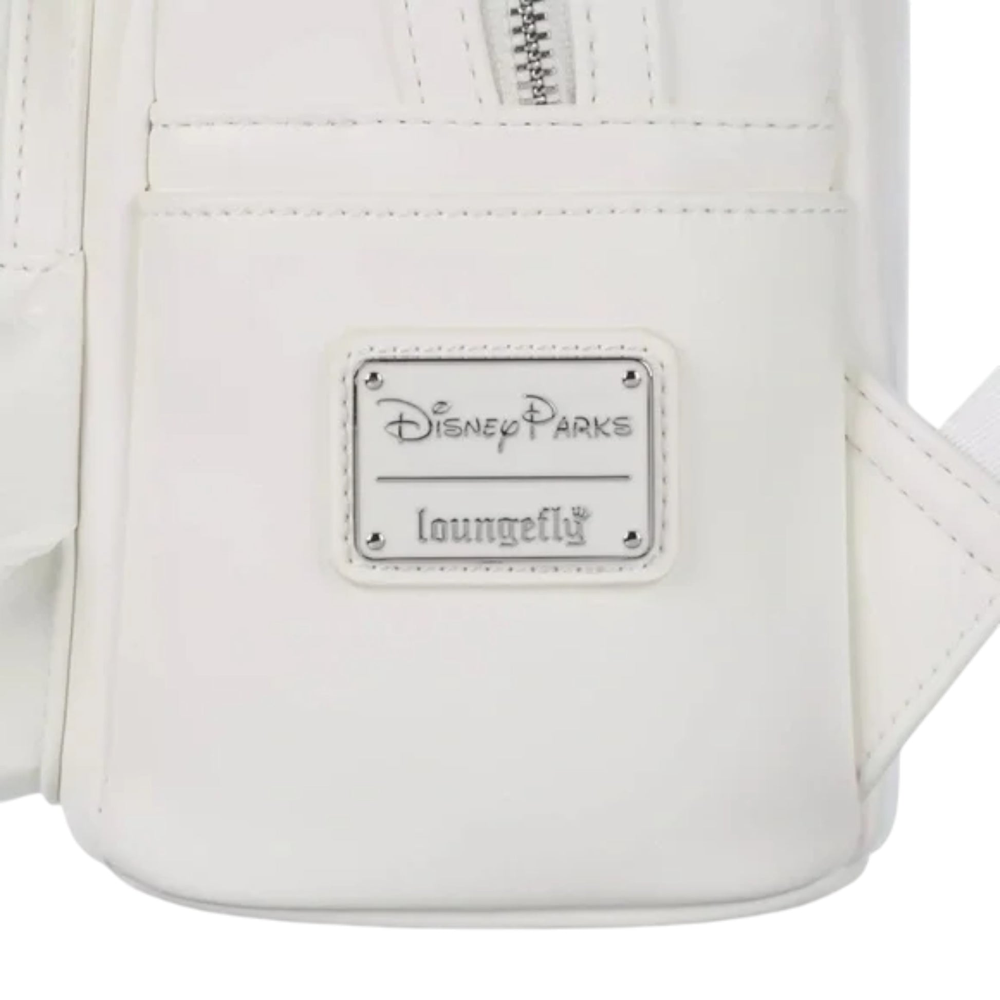 White backpack with Disney Parks and Loungefly logos on a white background