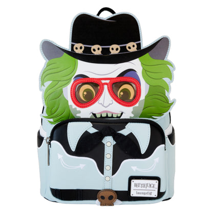 Backpack with Beetlejuice Western face design wearing a hat, sunglasses, and a shirt with a Beetlejuice Loungeflty brand logo.