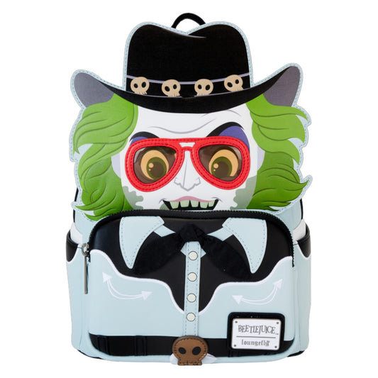 Backpack with Beetlejuice Western face design wearing a hat, sunglasses, and a shirt with a Beetlejuice Loungeflty brand logo.