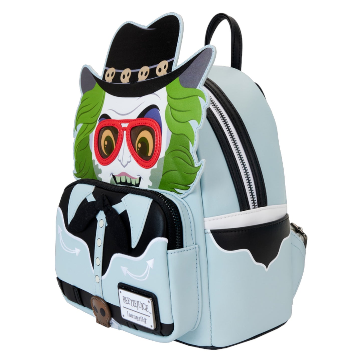 Backpack with  Beetlejuice Western face character design on a white background