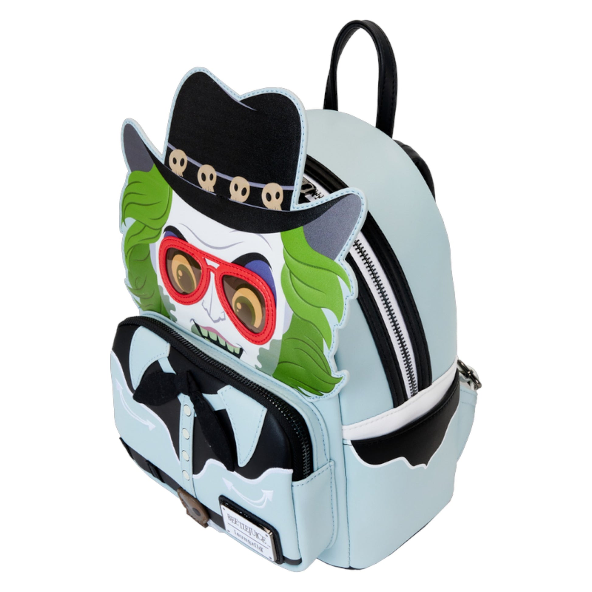 Backpack with Beetlejuice Western face design wearing a hat and sunglasses on a white background