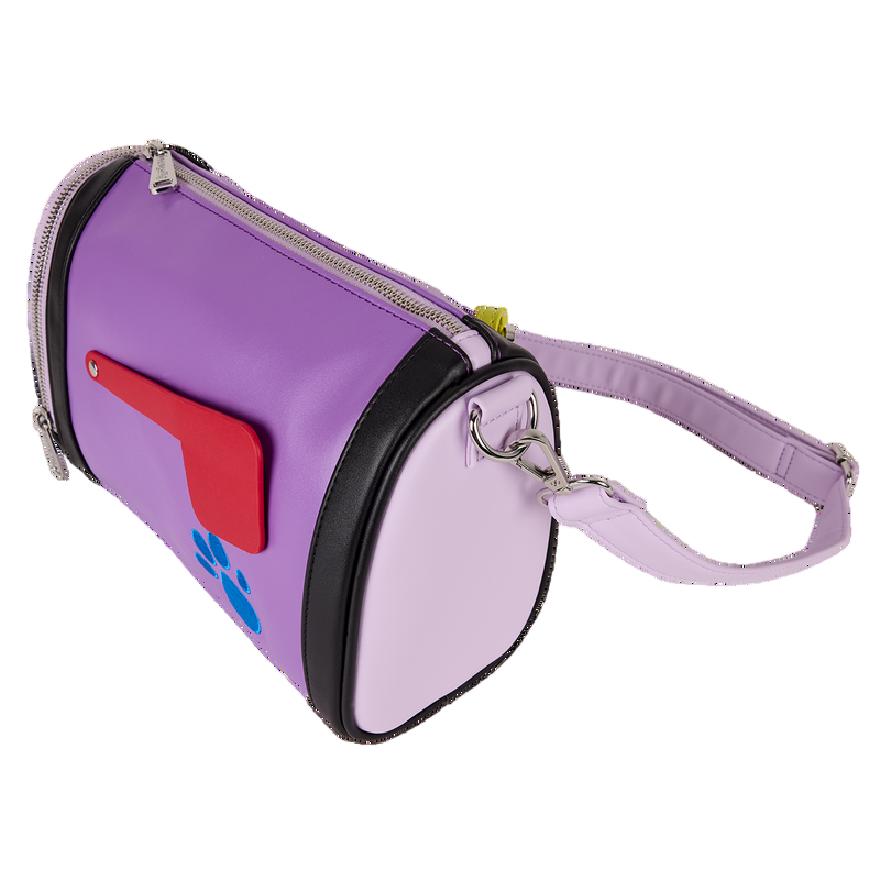 Purple Purple Blue’s Clues Mail Time Crossbody bag with red mailbox flag and blue paw print design on a white background