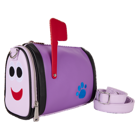 Purple Purple Blue’s Clues Mail Time Crossbody bag with red mailbox flag and blue paw print design on a white background