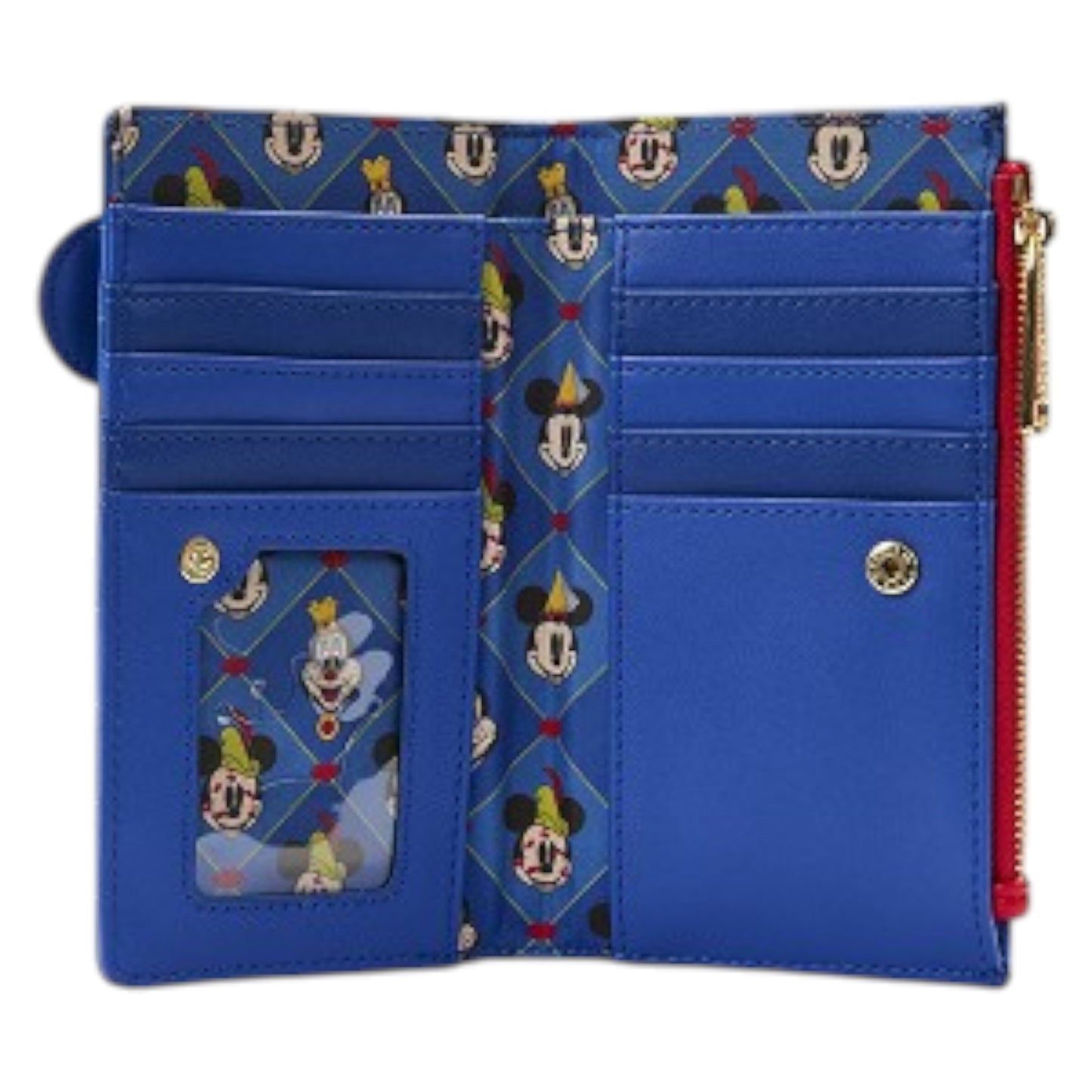 Blue wallet with Brave Little Tailor Mickey & Minnie character pattern on a white background