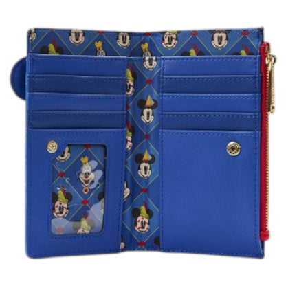 Blue wallet with Brave Little Tailor Mickey & Minnie character pattern on a white background