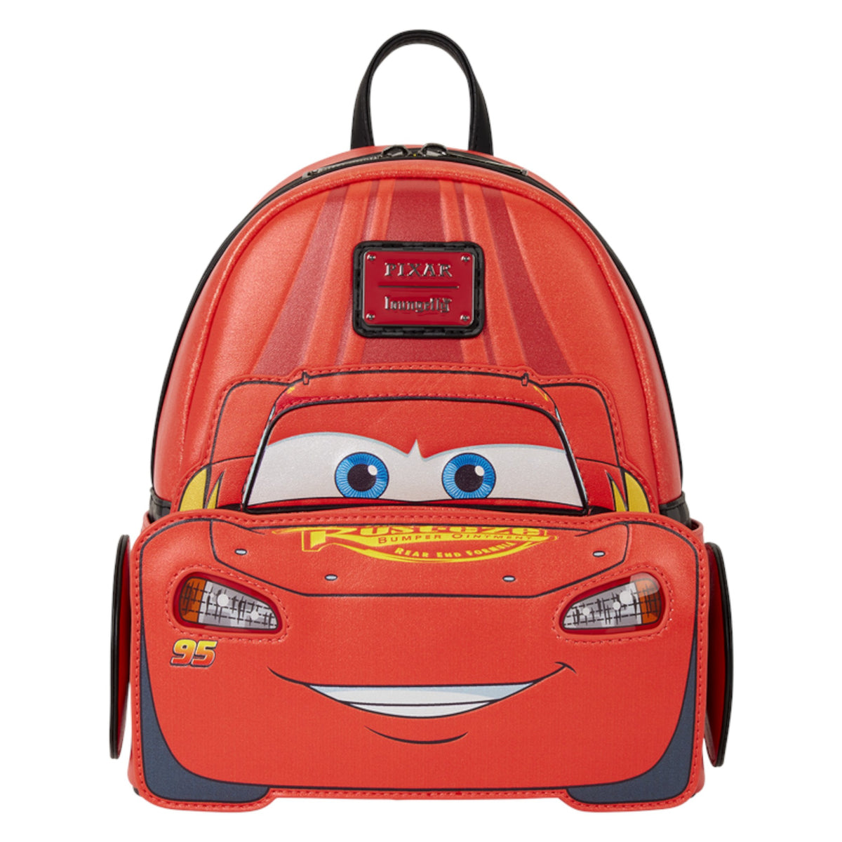 A red Lightning McQueen themed mini backpack by Disney, featuring a 3D-effect face design with blue eyes, a yellow grille, and the number 95, on a solid white background.