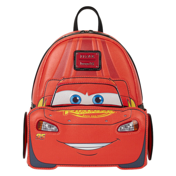 A red Lightning McQueen themed mini backpack by Disney, featuring a 3D-effect face design with blue eyes, a yellow grille, and the number 95, on a solid white background.
