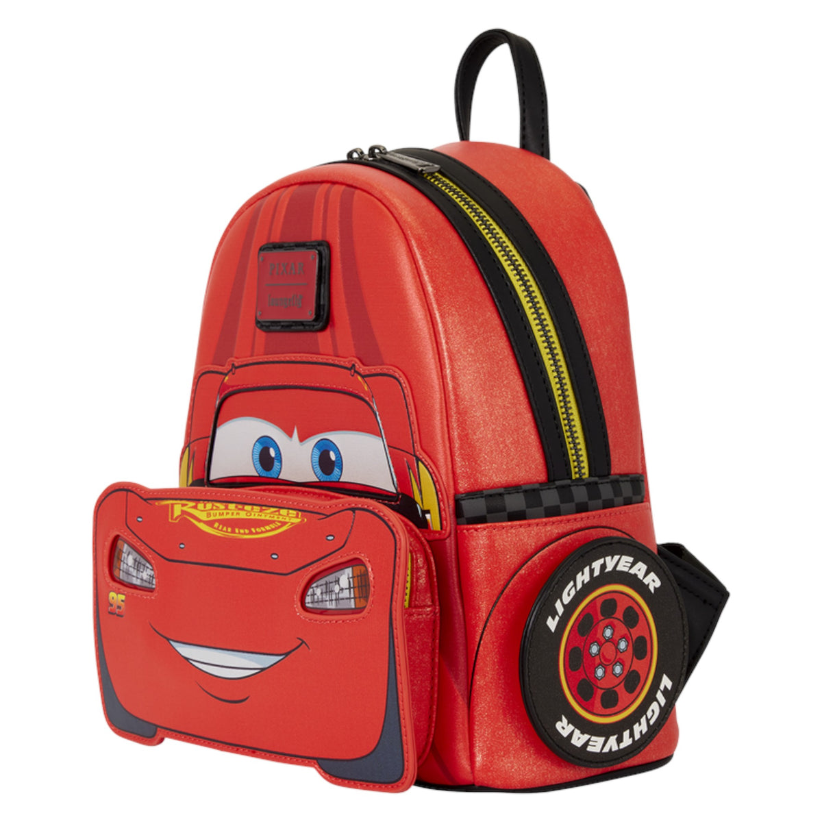 A red Lightning McQueen themed backpack with a matching zippered front pocket shaped like his face, featuring black and yellow accents and a 'Lightyear' wheel design on the side, set against a plain white background.