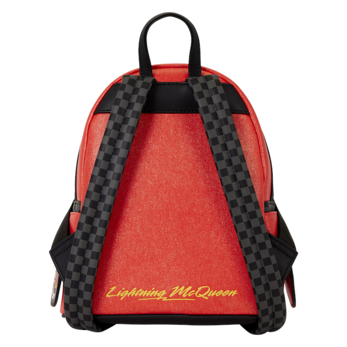 A red and black backpack featuring a black-and-gray checkerboard pattern on the straps, with 'Lightning McQueen' written in yellow script on the front.