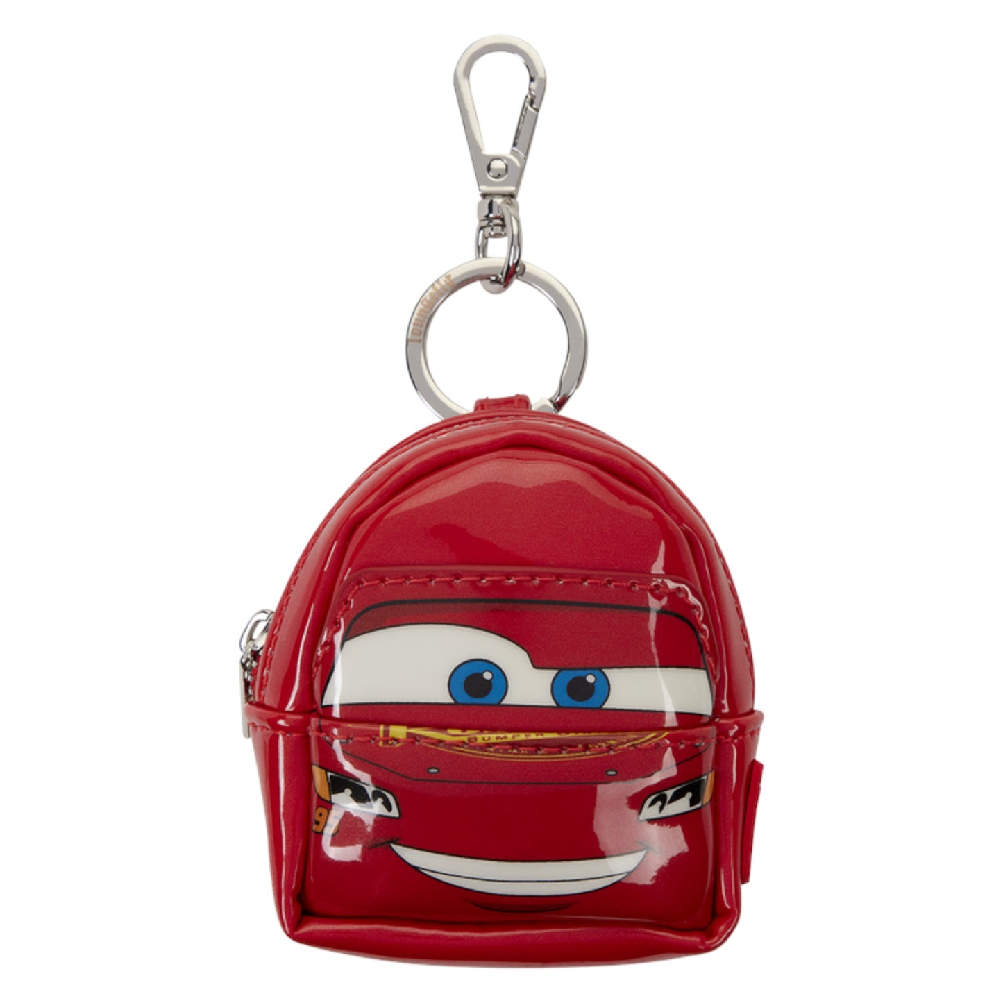 A red glossy mini backpack keychain featuring the character Lightning McQueen from Disney's Cars, complete with a silver metal clasp and key ring, set against a plain white background.