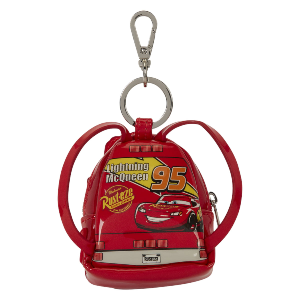 A red Lightning McQueen themed mini backpack keychain from Disney's Cars, featuring a silver metal clasp and key ring, with a printed graphic of Lightning McQueen on the front.