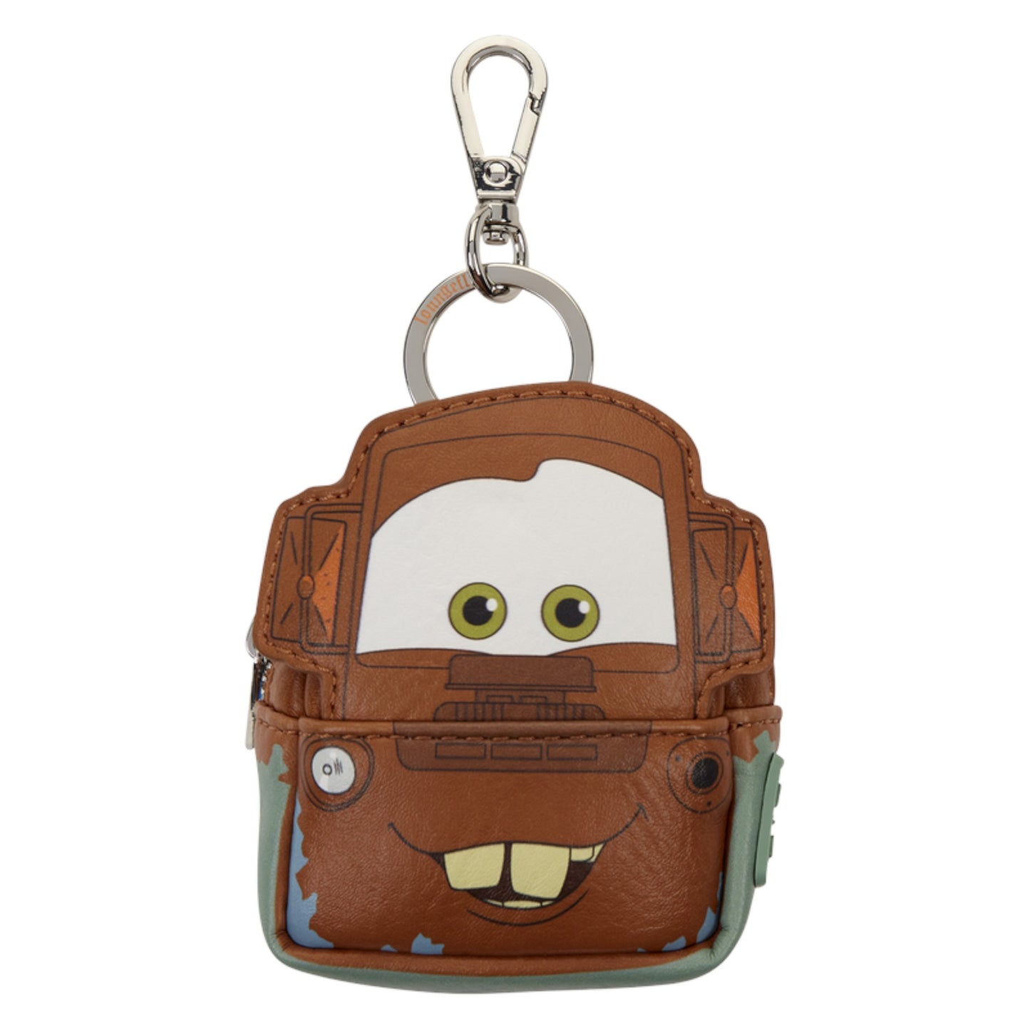 A small brown Mater-themed keychain pouch with a silver clasp, featuring a cartoon face with green eyes and a smile on a white background.