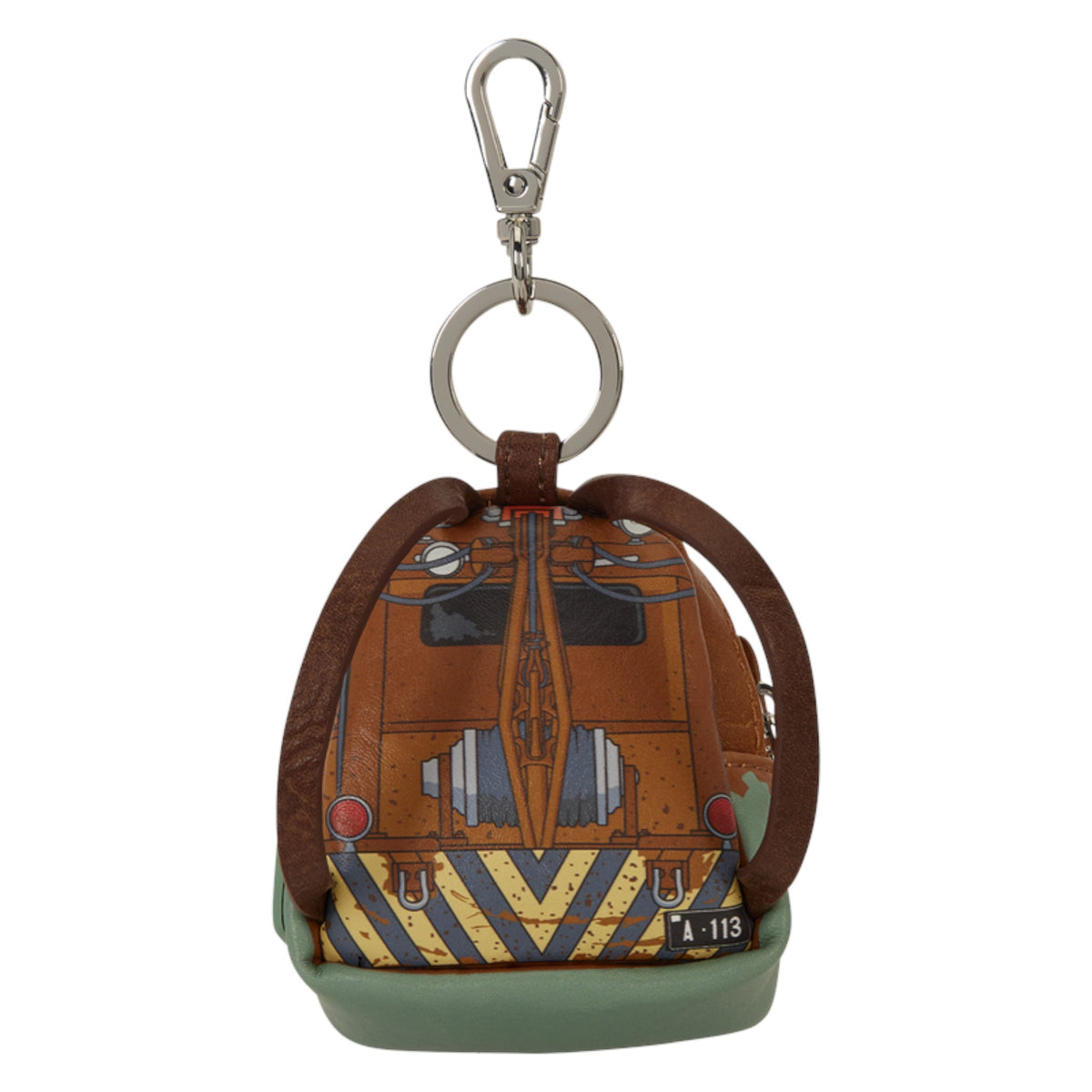 A small leather keychain bag shaped like the front of a train, featuring brown leather straps, a silver metal key ring and clasp, an orange-brown body with yellow and blue striped detailing, and a muted green base, shown on a plain white background.