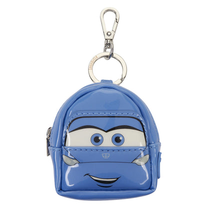 A blue faux-leather mini backpack keychain featuring the character Lightning McQueen from Cars, with a silver carabiner and key ring on a white background.
