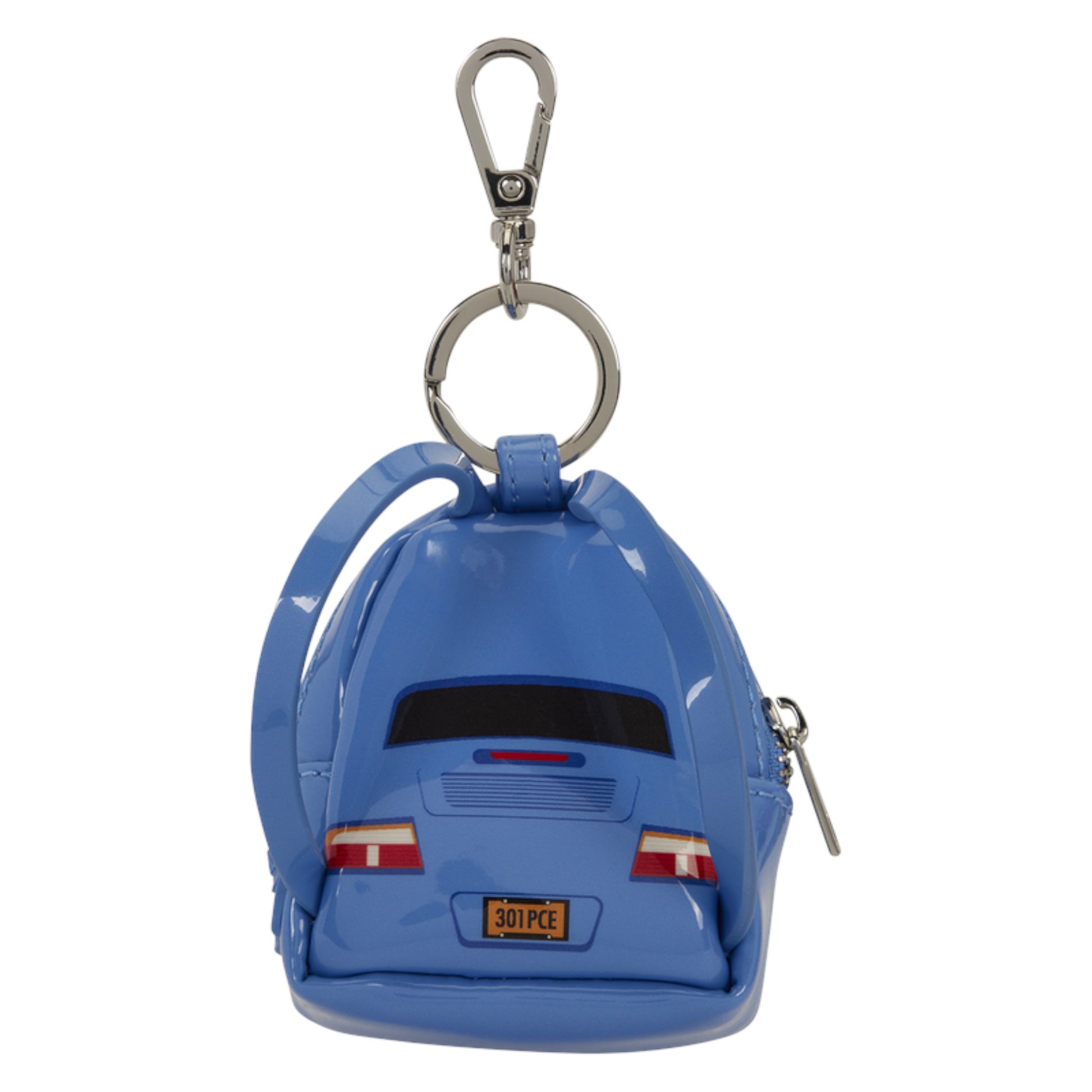 A blue car-shaped keychain bag with a glossy finish, featuring a silver carabiner and key ring at the top, a zipper on the side, and a small '301PCE' badge on the back, shown against a plain white background.
