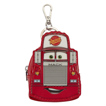 A red Mack the Fire Engine character keychain pouch with a silver carabiner, featuring his eyes, nose, grill, and a Rust-eze logo on a white background.