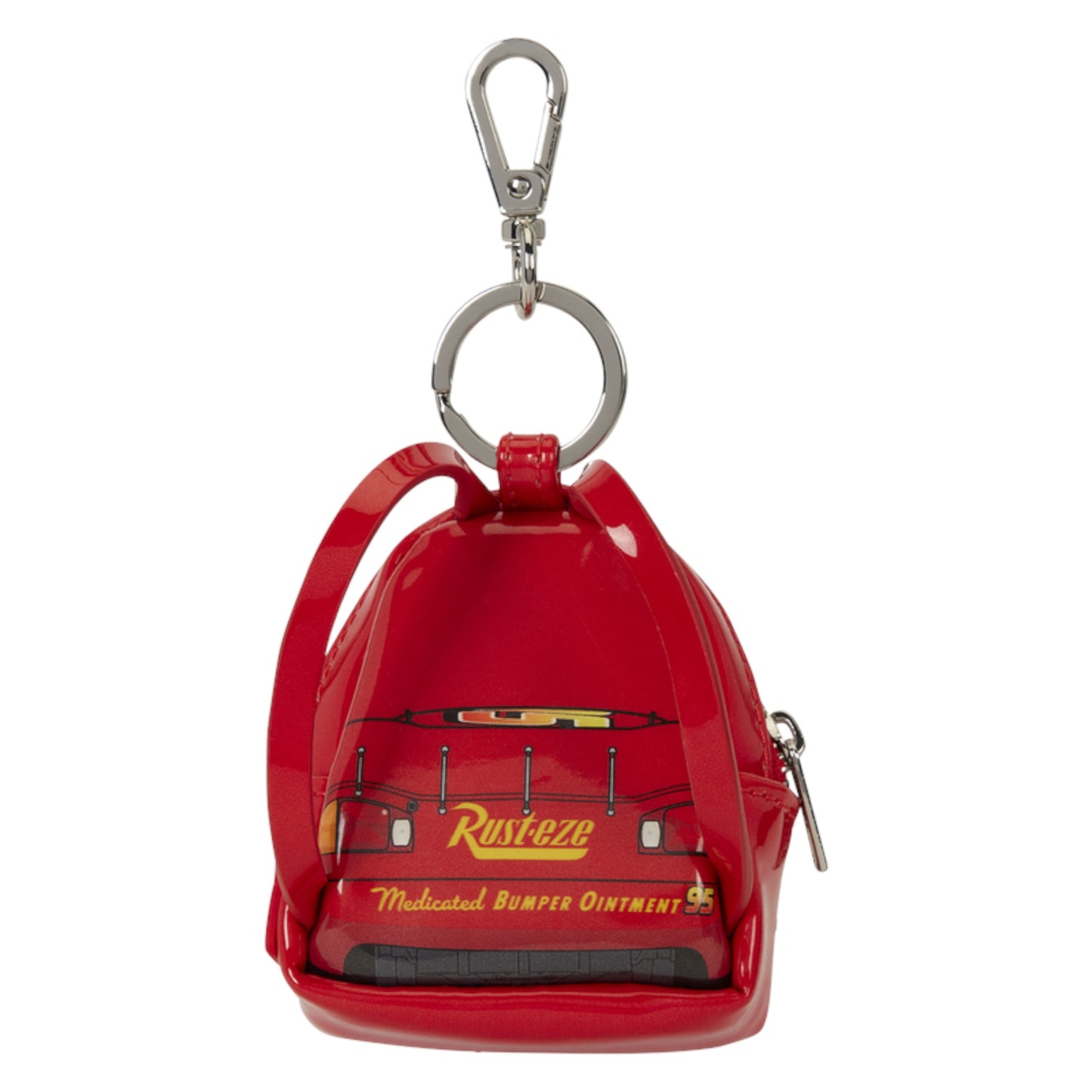 A red vinyl keychain shaped like a small car bumper, featuring a printed graphic of a car with the text 'Rust-eze' and 'Medicated Bumper Ointment,' attached to a silver metal clasp and key ring.