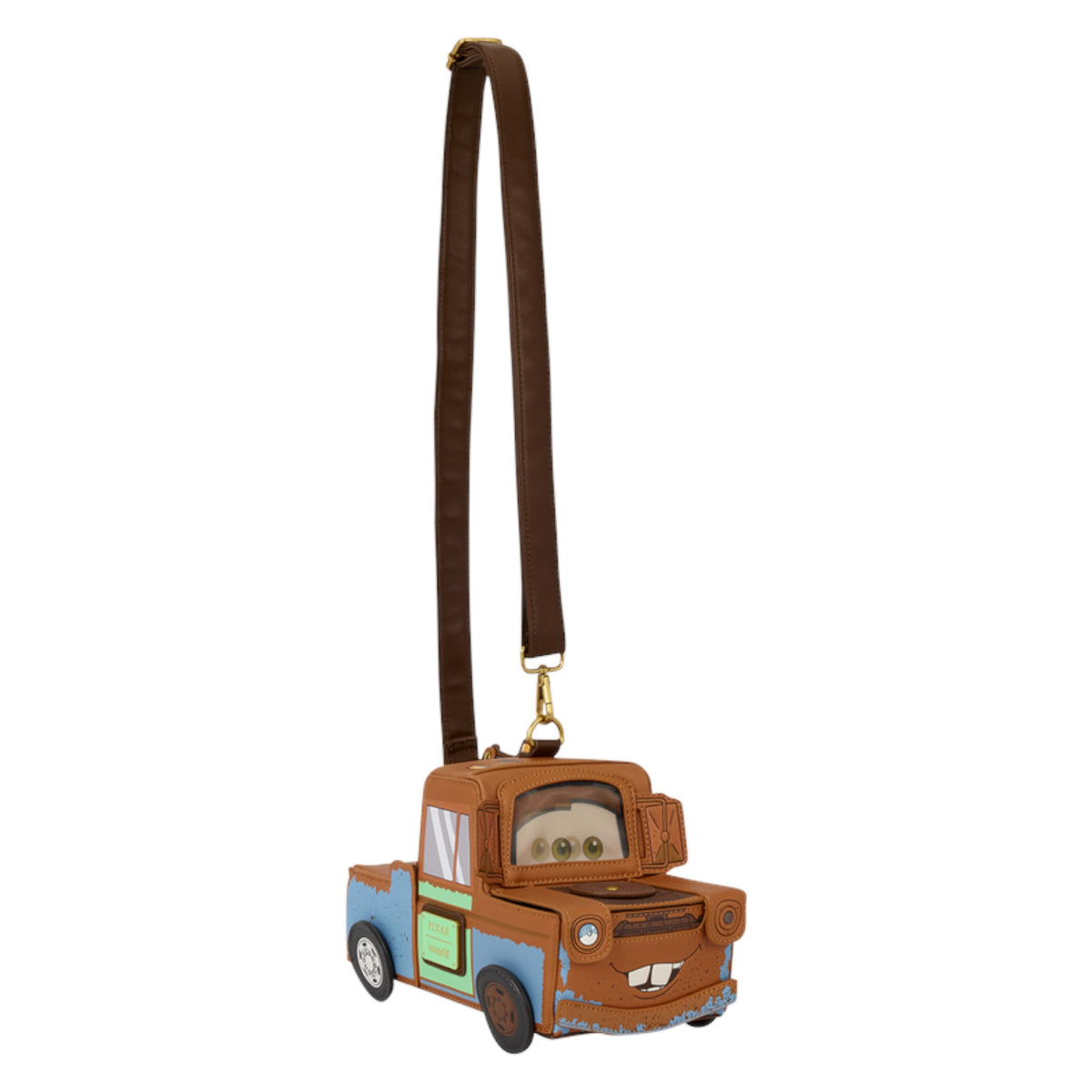 A Mater the tow truck character crossbody bag with a brown strap, featuring a brown body, blue side panel, green door, and small gold clasp, shown on a plain white background.