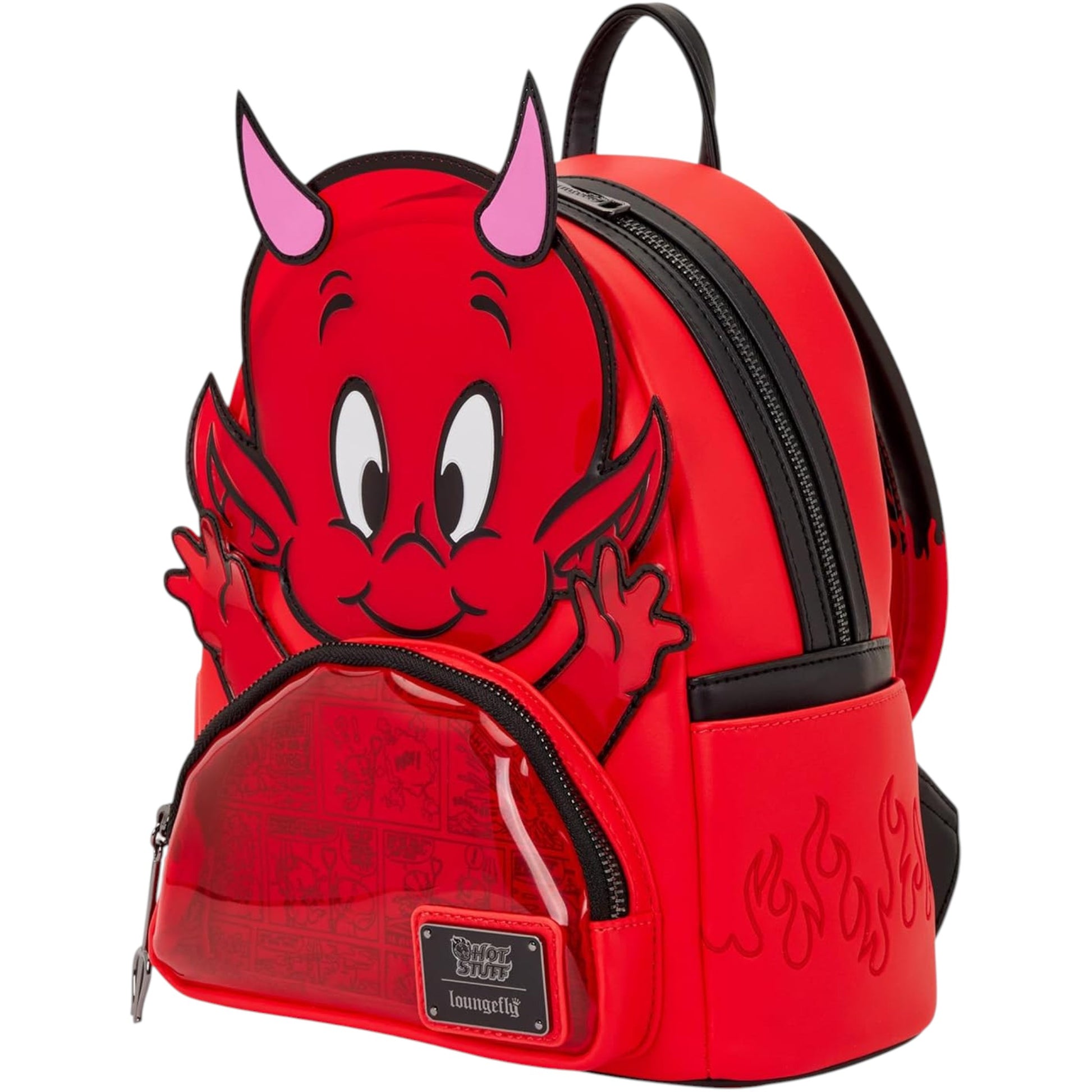 Red backpack with Casper The Friendly Ghost Hot Stuff design on a white background