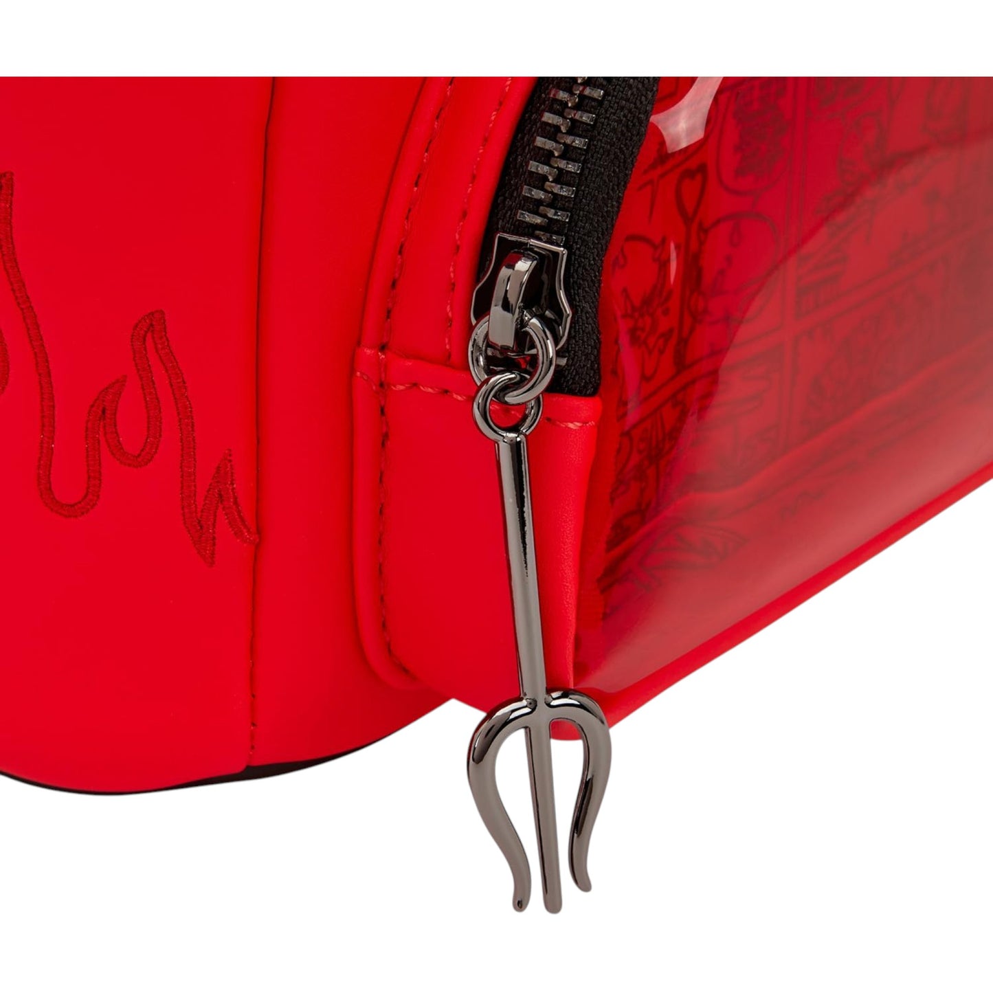 Red bag with a metal pitch fork-shaped zipper pull on a white background