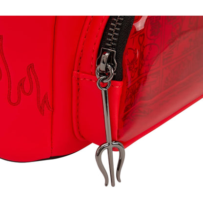 Red bag with a metal pitch fork-shaped zipper pull on a white background