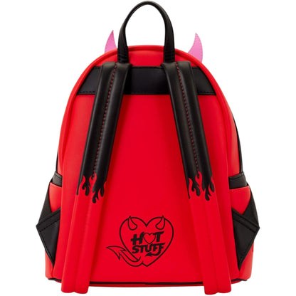 Red backpack with black accents and a heart design with Hot Stuff text on a white background