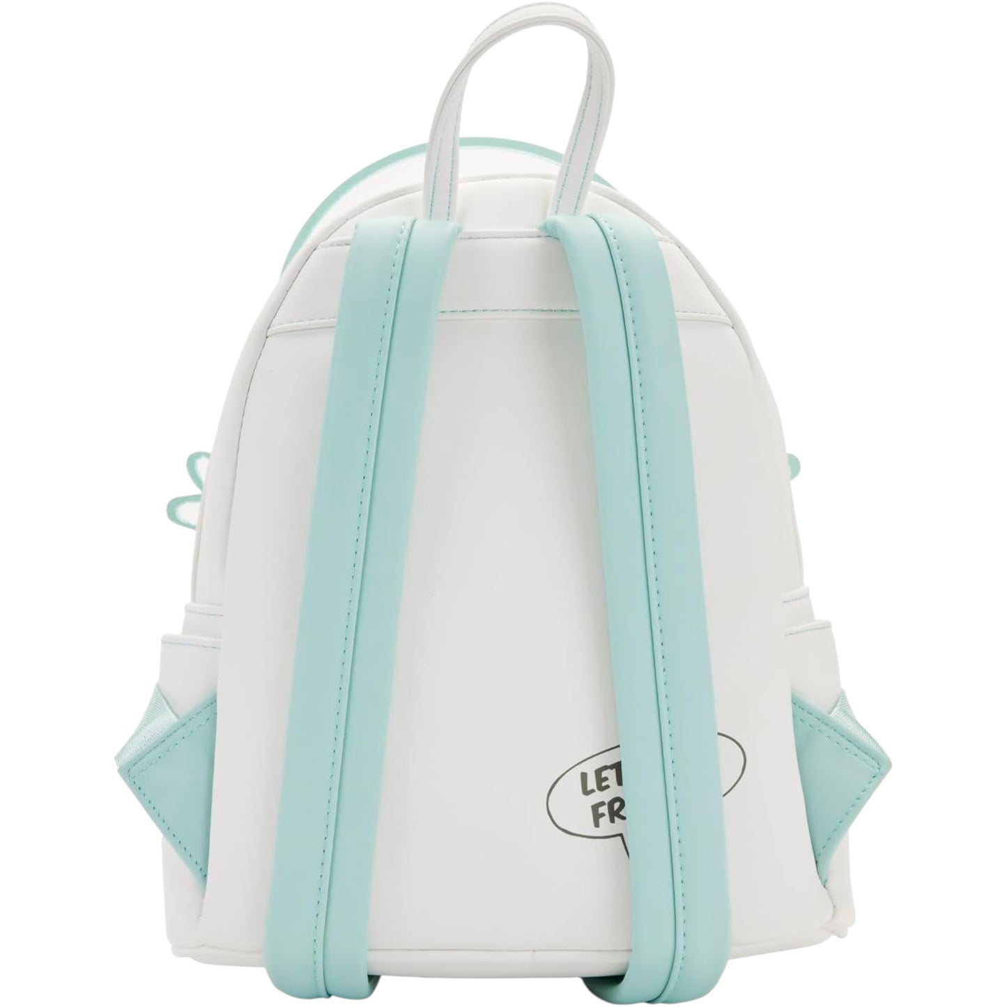 White backpack with light blue straps with Let's Be Friends text on a white background
