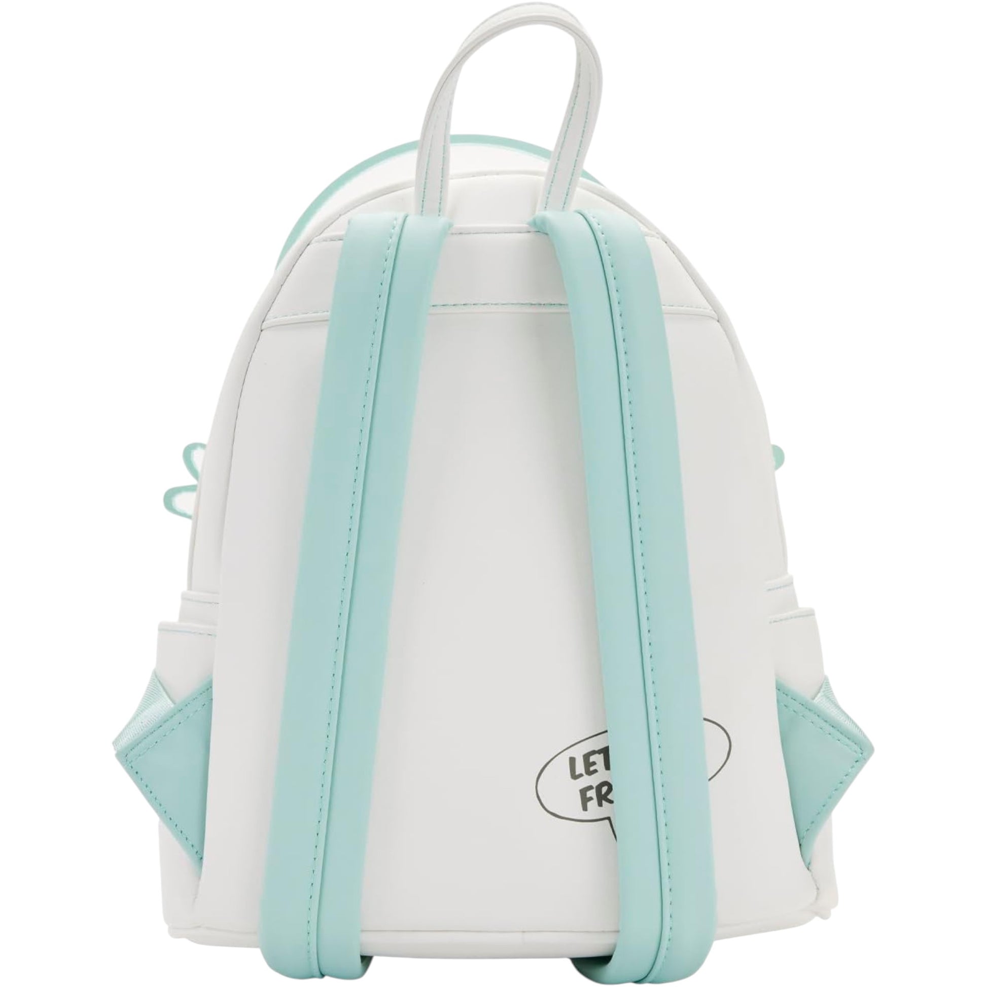White backpack with light blue straps with Let's Be Friends text on a white background