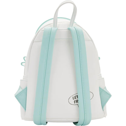 White backpack with light blue straps with Let's Be Friends text on a white background