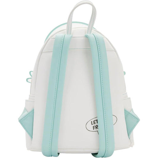 White backpack with light blue straps with Let's Be Friends text on a white background