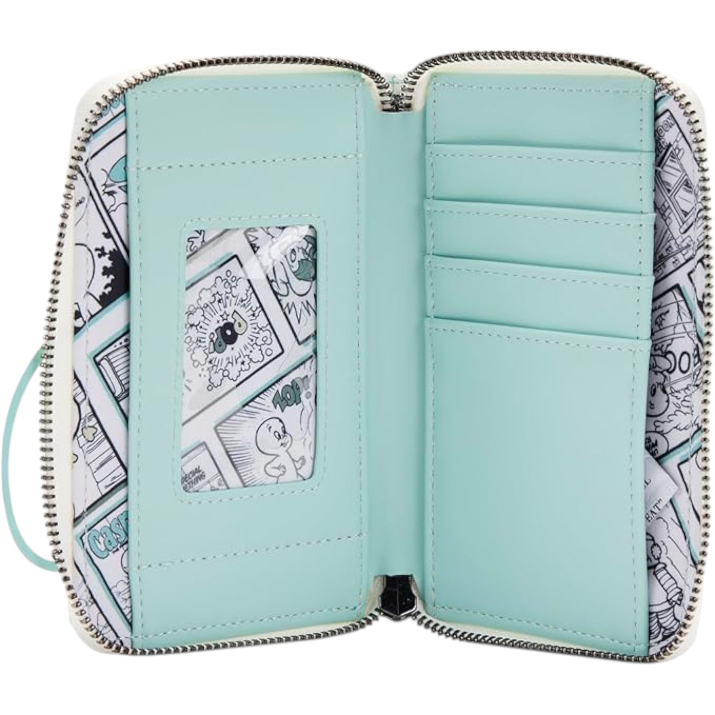 Light blue wallet with Casper the Friendly Ghost pattern on a white background