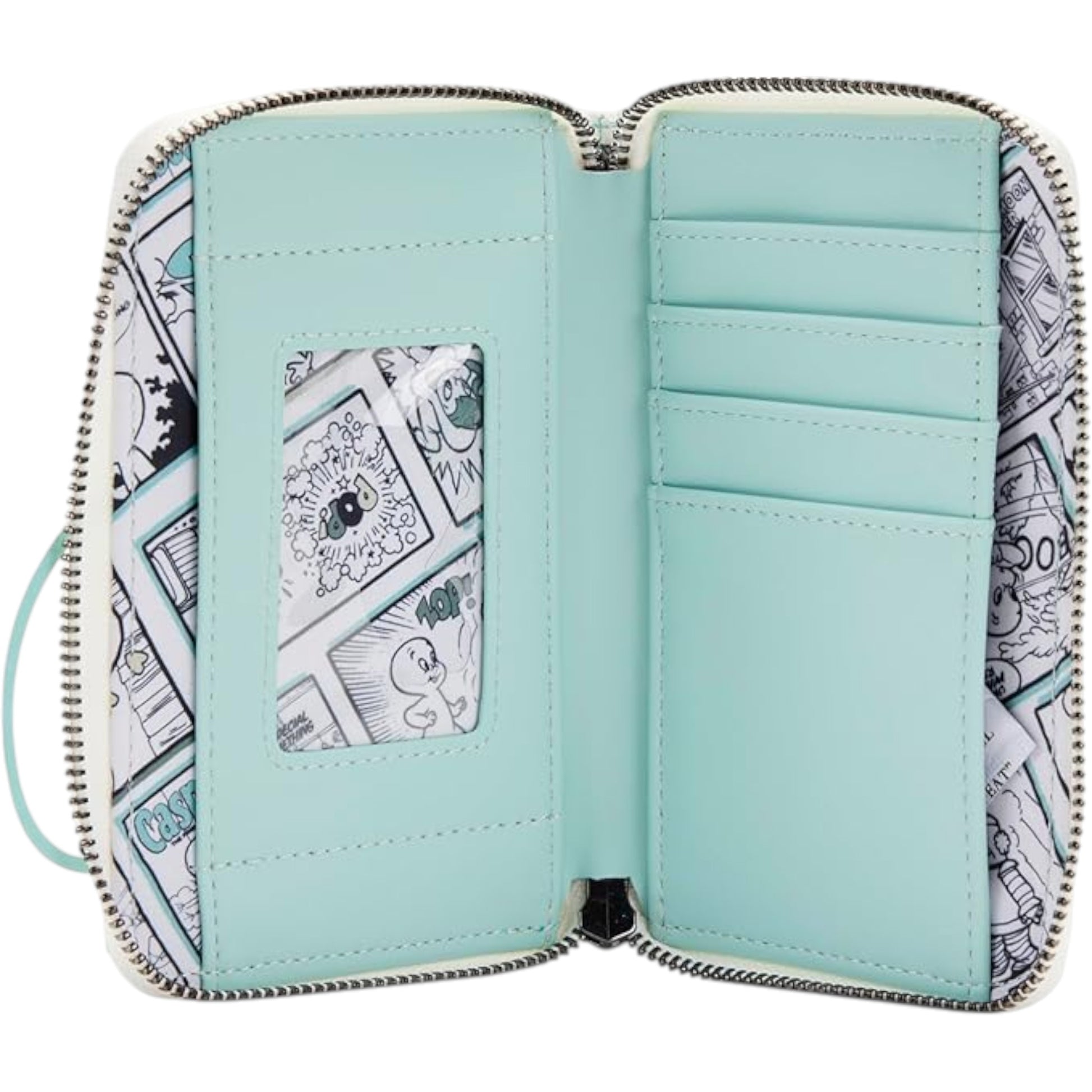 Light blue wallet with Casper the Friendly Ghost pattern on a white background