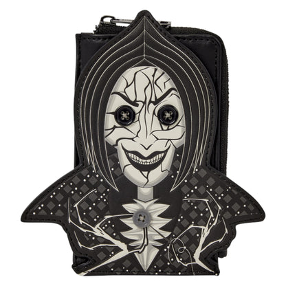 A black and white zippered coin purse featuring a stylized horror character design with a cracked mask face, black hair, and diamond-patterned details.