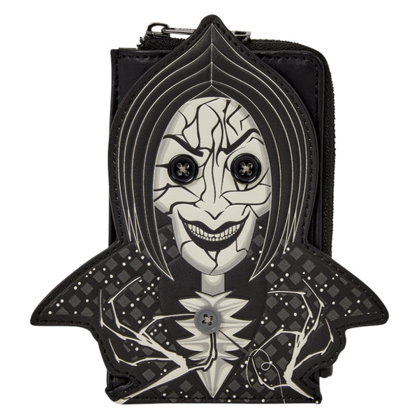 A black and white zippered coin purse featuring a stylized horror character design with a cracked mask face, black hair, and diamond-patterned details.