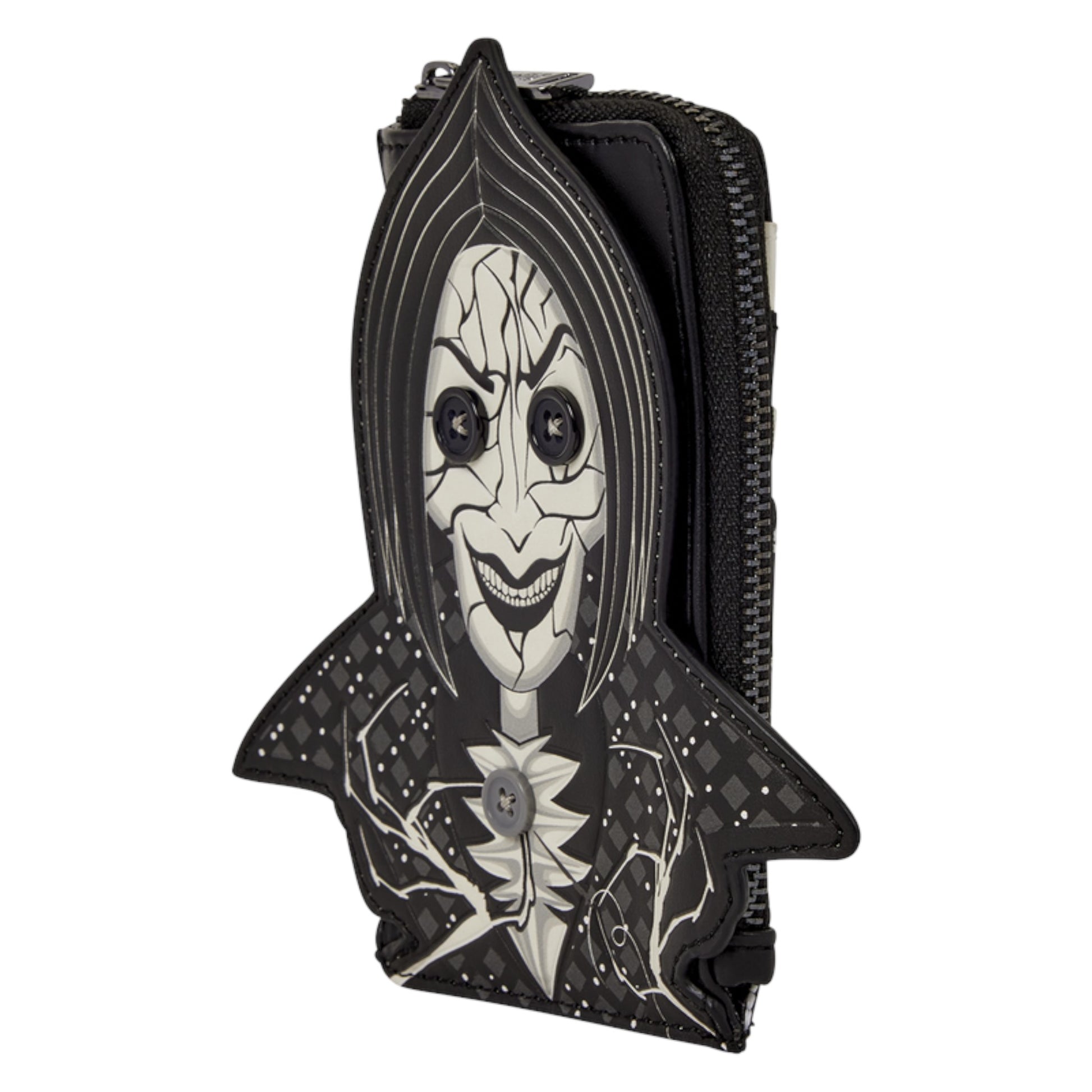 A black and white zippered phone pouch featuring a stylized graphic of a creepy, cracked face with dark hair and a skull-like collar, shown on a plain white background.
