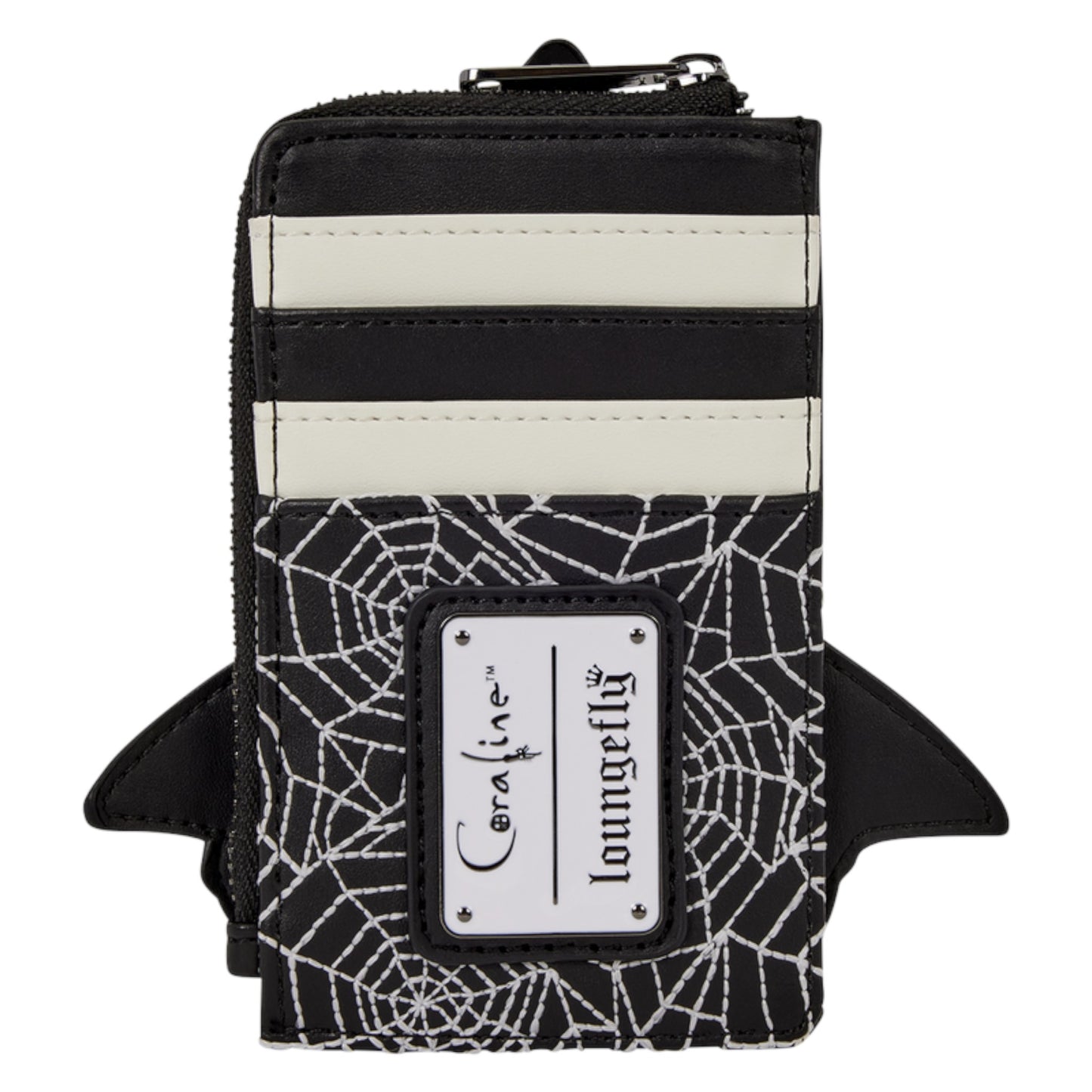 A Loungefly x Cera Fine black and white spiderweb wallet shaped like a shark, featuring a white metal logo plate and black shark fins on the sides.