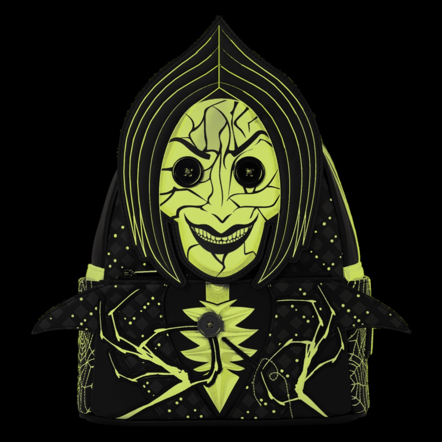 A black hooded backpack featuring a neon yellow-green graphic of a creepy, cracked mask with glowing eyes and a wide grin, accented with small yellow-green star-like dots and web patterns on a solid black background.