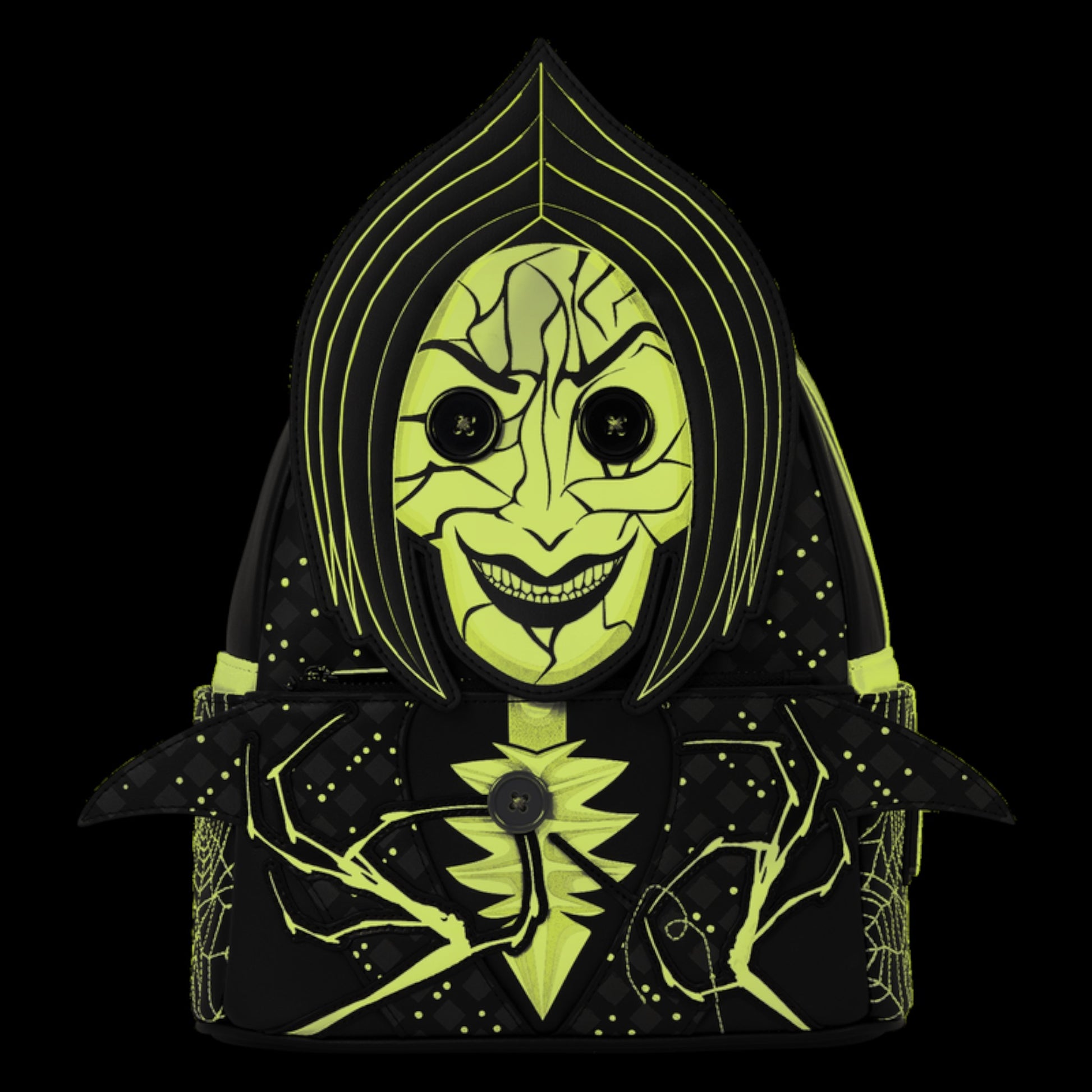 A black hooded backpack featuring a neon yellow-green graphic of a creepy, cracked mask with glowing eyes and a wide grin, accented with small yellow-green star-like dots and web patterns on a solid black background.