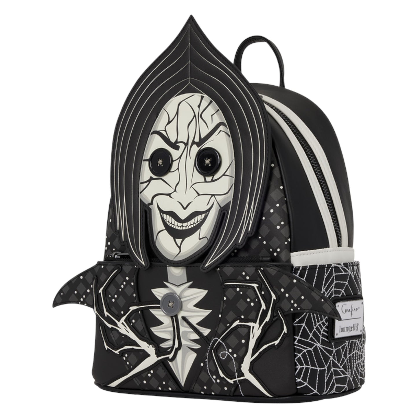 A black and white Nightmare Before Christmas mini backpack featuring a stylized depiction of the character's face, spiderweb patterns, and a spider emblem on the front pocket.
